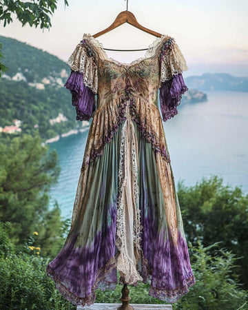Vestido Contraste Renda Babado Férias de Verão 6141