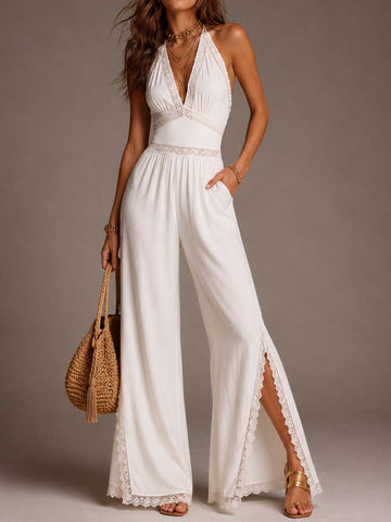 Vintage Boho Cotton Lace Trim Halter Split Wide Leg Jumpsuit