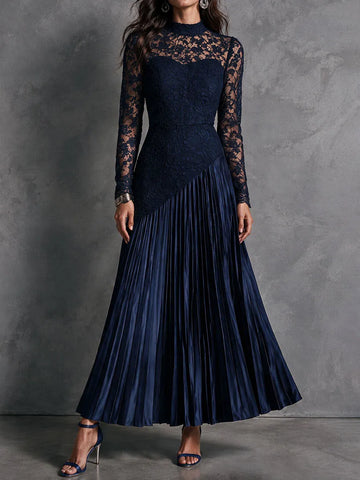Vestido longo de noite elegante em cetim plissado com patchwork de renda e gola alta