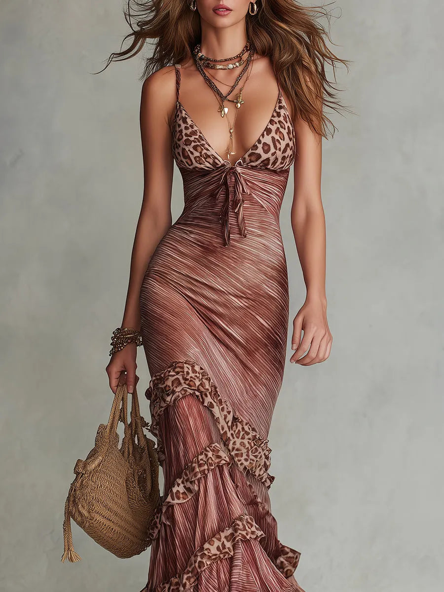 Maxi abito senza maniche stile boho con stampa leopardata e ruches