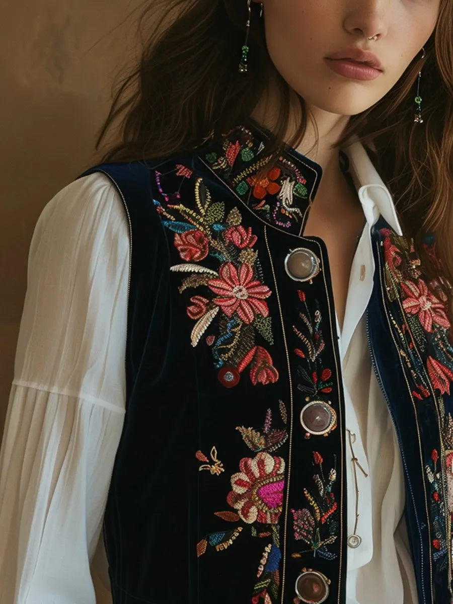 Gilet vintage en velours brodé floral à col montant