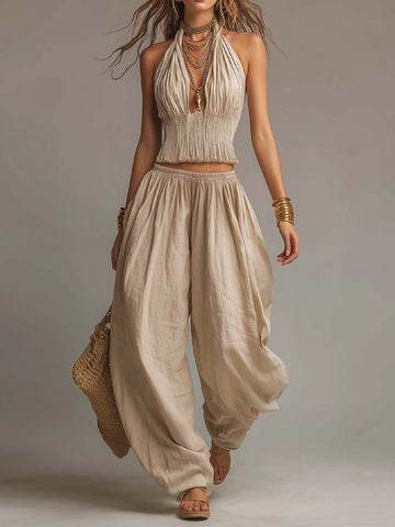 Completo Due Pezzi Top Corto Smock con Scollo All'Americana e Pantaloni Harem in Cotone-Lino Bohemien
