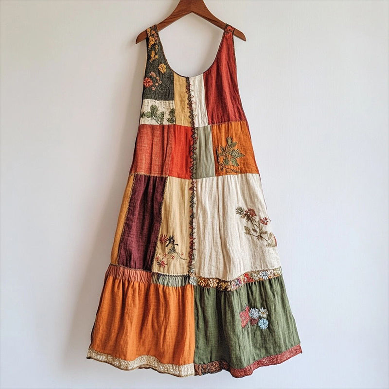 Robe vintage en mélange de lin brodée florale avec patchwork a75b