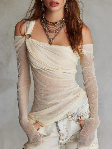 Camiseta de Malha Ajustada com Decoração Estilo Boho e Mangas Largas