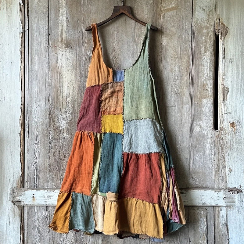 Vestido Midi Multicolorido em Linho Patchwork cd05