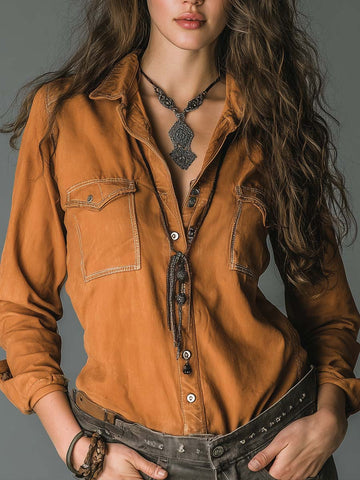 Chemise utilitaire vintage en coton doux couleur caramel