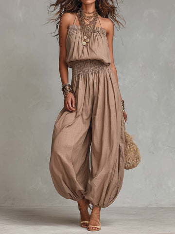 Bohemian Cotton-Linen Halter Smocked Balloon-Leg Jumpsuit