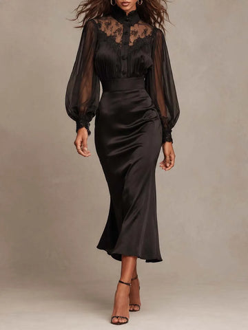 Abito Midi da Sera a Sirena in Raso, Elegante Gotico Vintage, con Pizzo a Rete e Maniche Lunghe a Palloncino