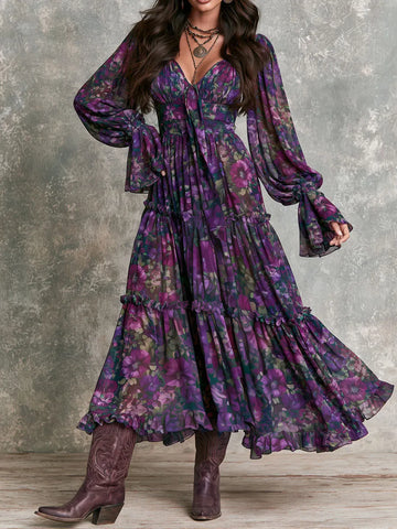 Vestido Longo Chiffon Floral Roxo Boêmio Decote V Com Laço E Camadas De Babados