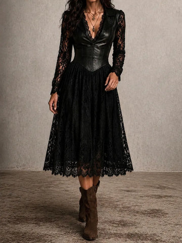 Robe mi-longue rétro gothique en similicuir épissé avec col en dentelle