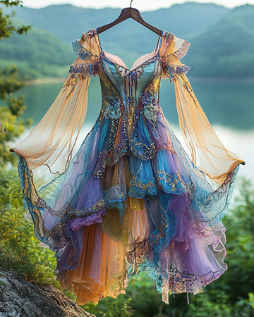 Vestido de Verão com Babados de Renda Irregular e Patchwork de Miçangas 3d61