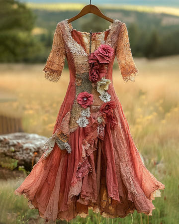 Vestido de Renda Irregular Patchwork Vintage de Verão 1288