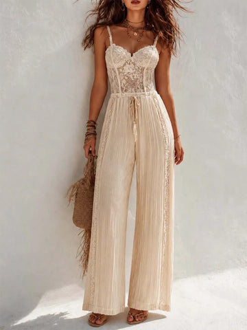 Bohemian Cream Lace Corset And Pleated Wide-Leg Jumpsuit