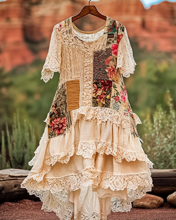 Vintage Floral Lace Patchwork Irregular Lotus Ruffle Dress 8341