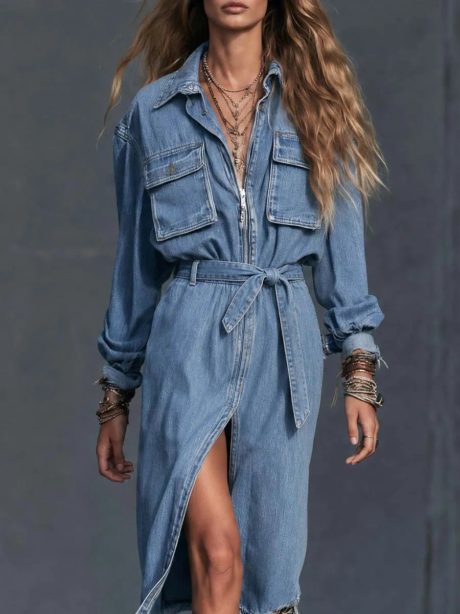 Robe-chemise longue en jean à poches cargo fendue sur le devant et ceinture
