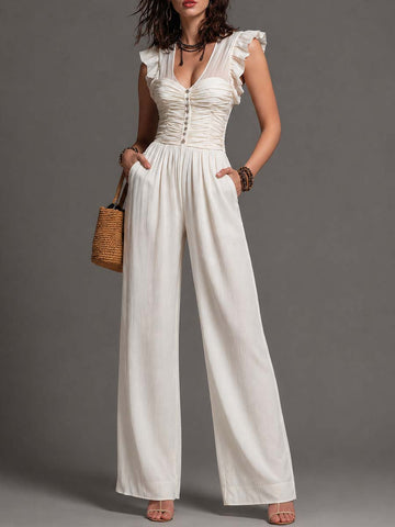 White Crinkled Cotton-Linen Blend Ruffled Corset Wide-Leg Jumpsuit