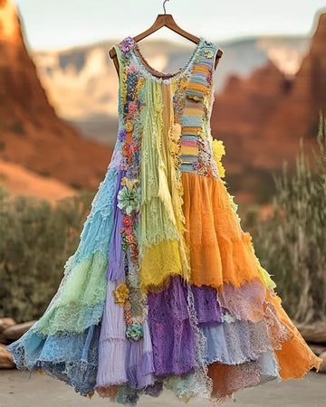 Vintage Floral Embroidered Lace Patchwork Dress 4a65