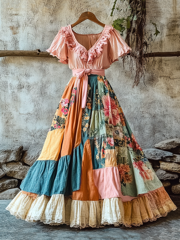 Vestido Feminino Elegante Boho Floral com Babados 901c