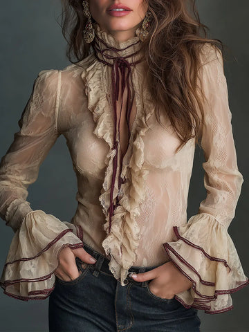 Elegant Tie-neck Lace Blouse With Ruffled Trim
