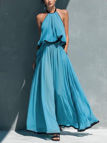 Women’s Sky Blue Chiffon Halter Neck Ruched Contrast Trim Crop Cami Top And High-Waisted Chiffon Flared Trousers Set MDZ1399D9T