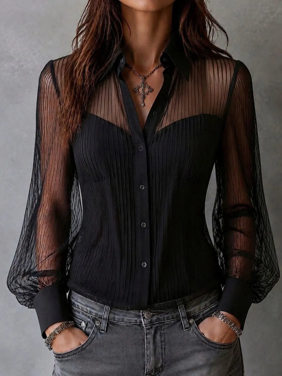 Ensemble 2 pièces gilet rétro à revers noirs et chemise plissée transparente à poche zippée