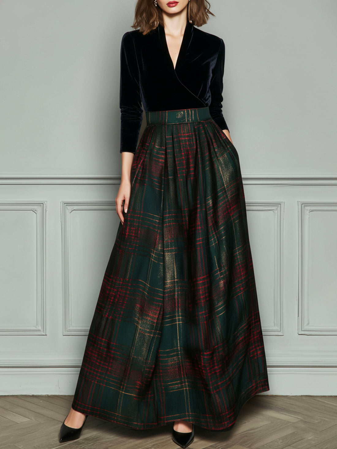 Élégante robe de soirée taille haute en velours et à carreaux avec jupe ample