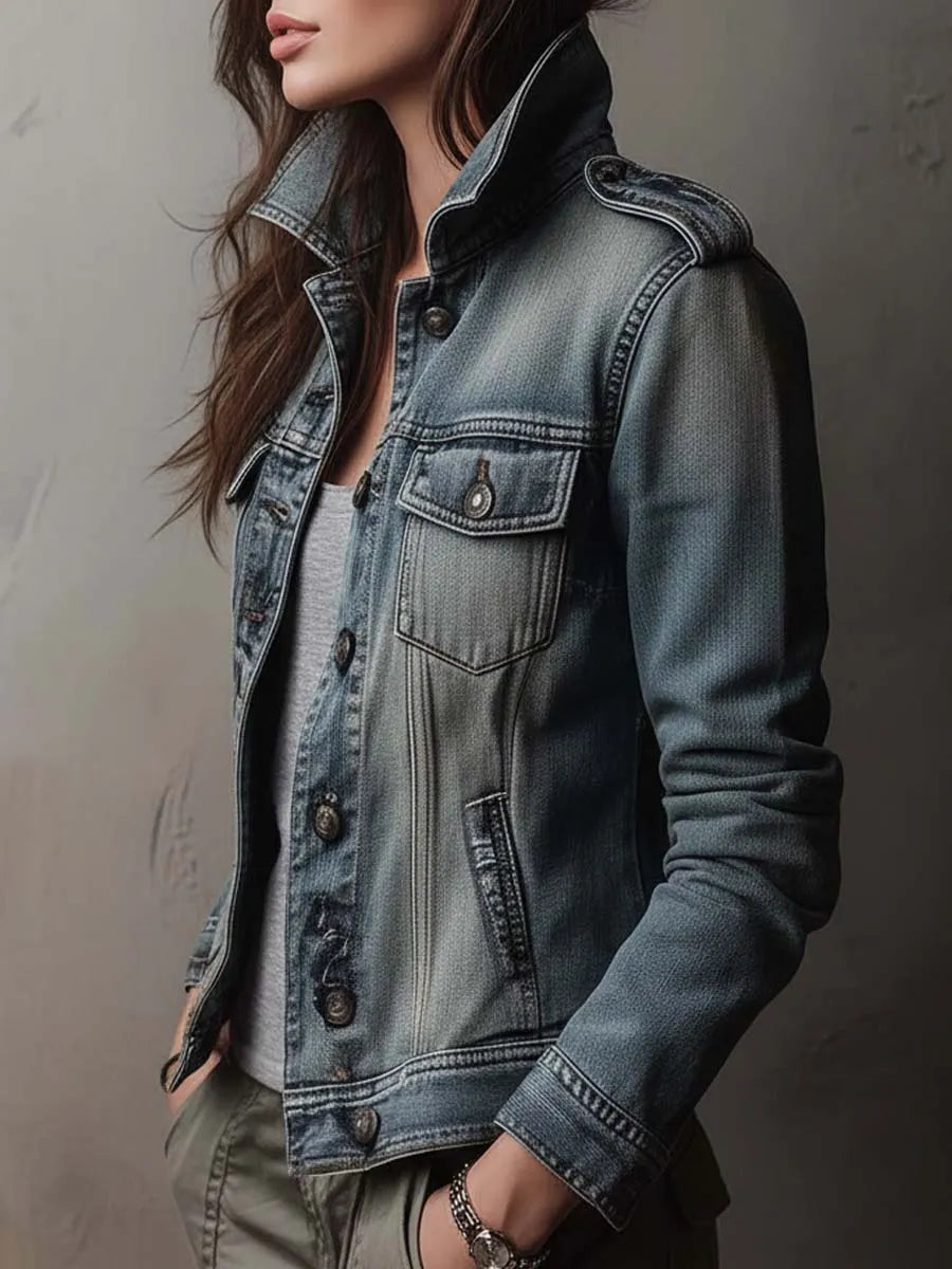 Jaqueta Jeans Utilitária Lavada e Desbotada Com Dragonas