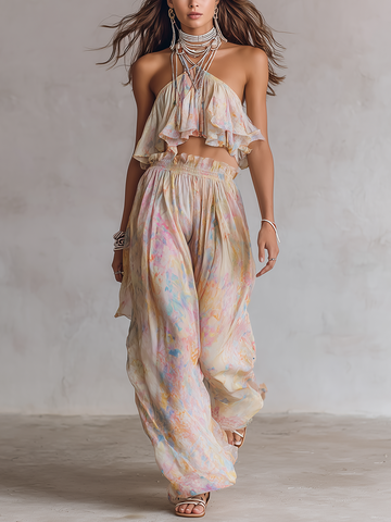 Conjunto Boho de Top Cropped com Gola Halter e Calça Pantalona