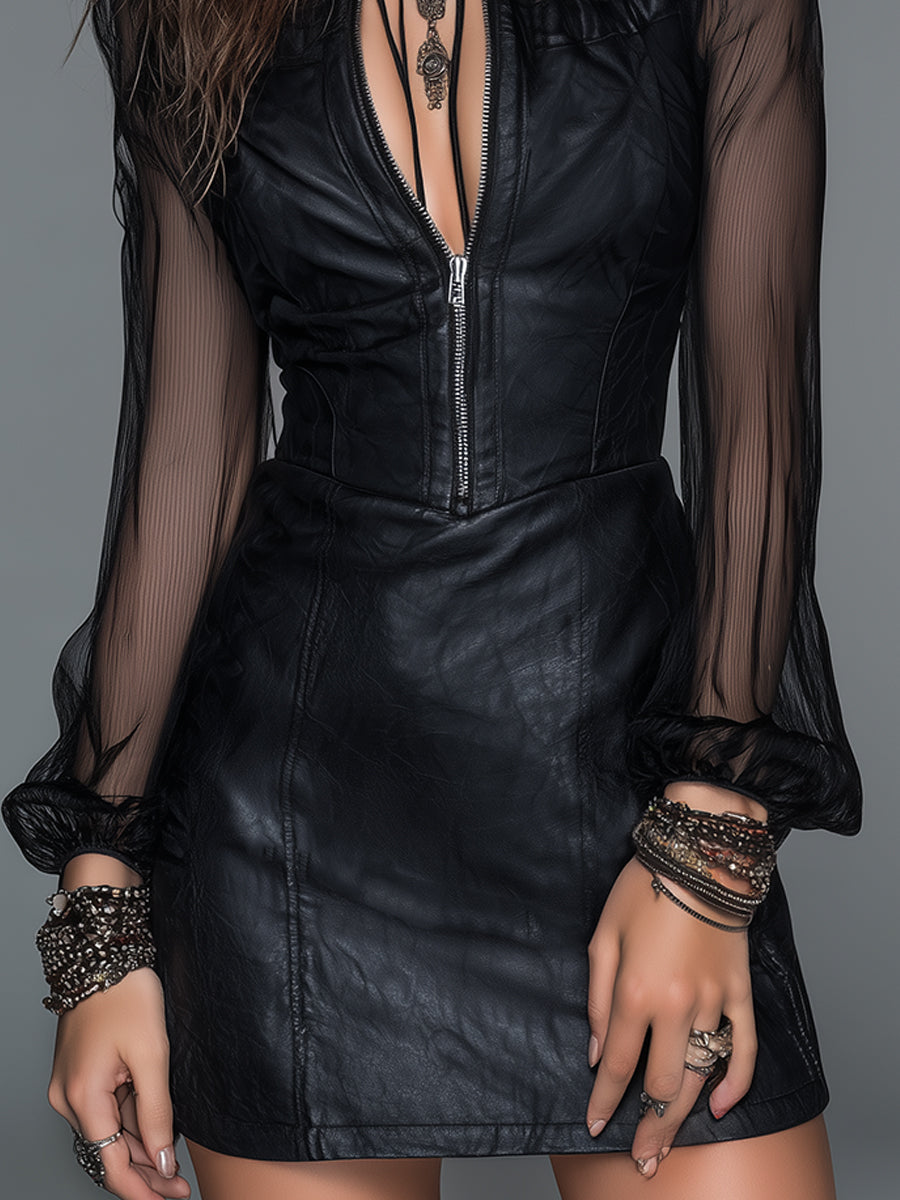 Retro Slim-fit Long-sleeve PU Mini Dress With Front Zipper