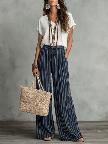 Conjunto de Calças Pantalona Listradas Boêmias Relaxadas e Sem Esforço