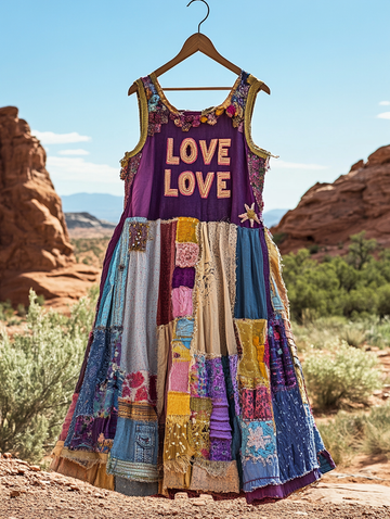 Vestido de algodão e linho com patchwork folgado para as férias de verão 0245