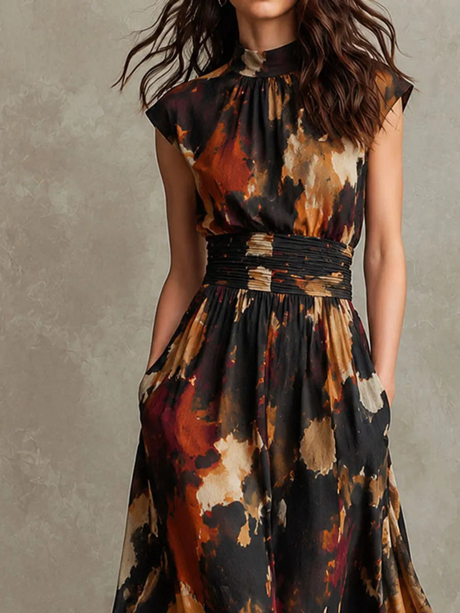 Robe midi à manches courtes et taille smockée, imprimé éclaboussures d'encre vintage