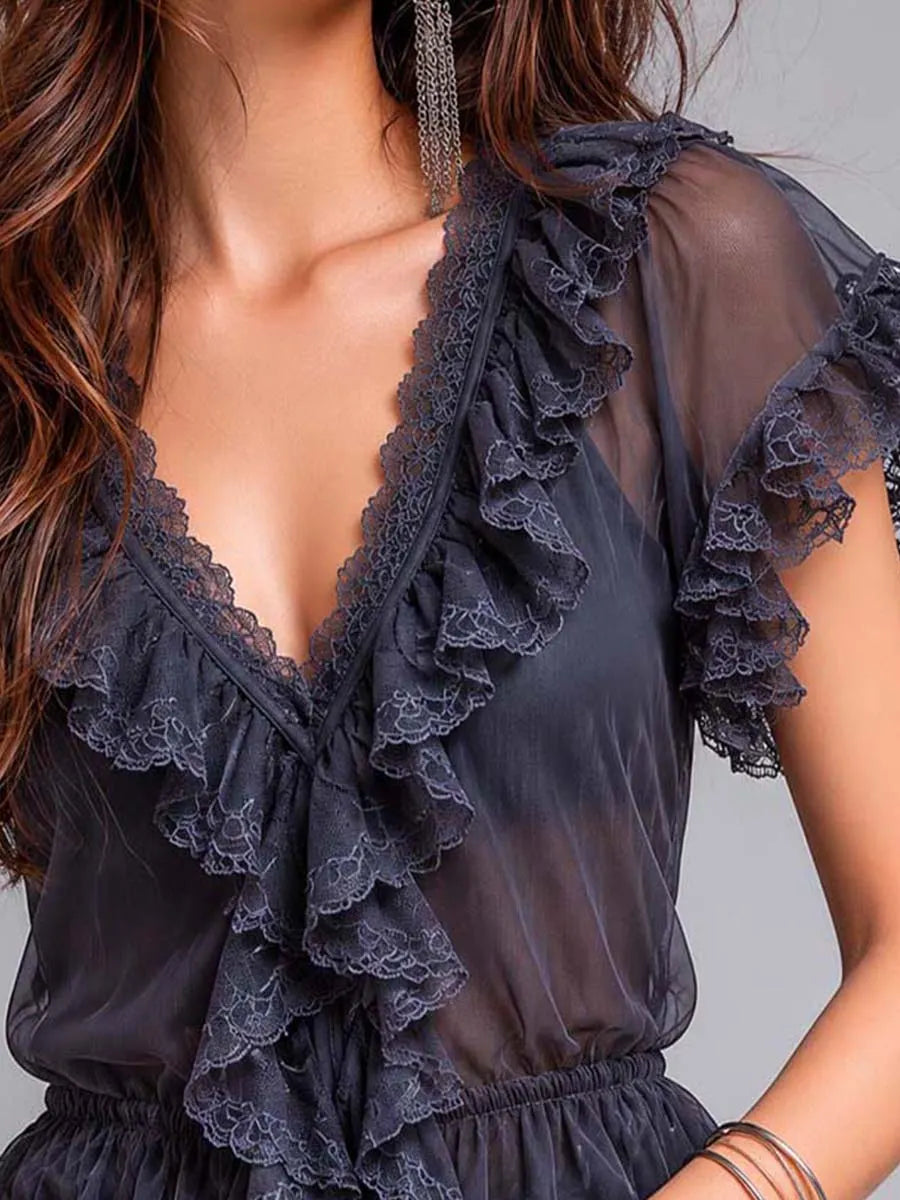 Top a Balzerino in Chiffon Velato Blu-Grigio Vintage Elegante con Scollo a V e Balze in Pizzo