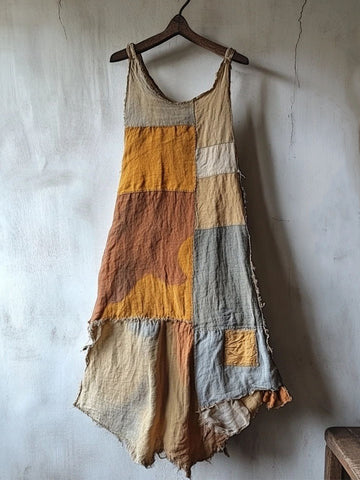 Vestido Vintage de Linho Mesclado com Retalhos