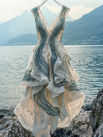 Vestido Verão com Babados e Renda Contraste de Cores f3dd