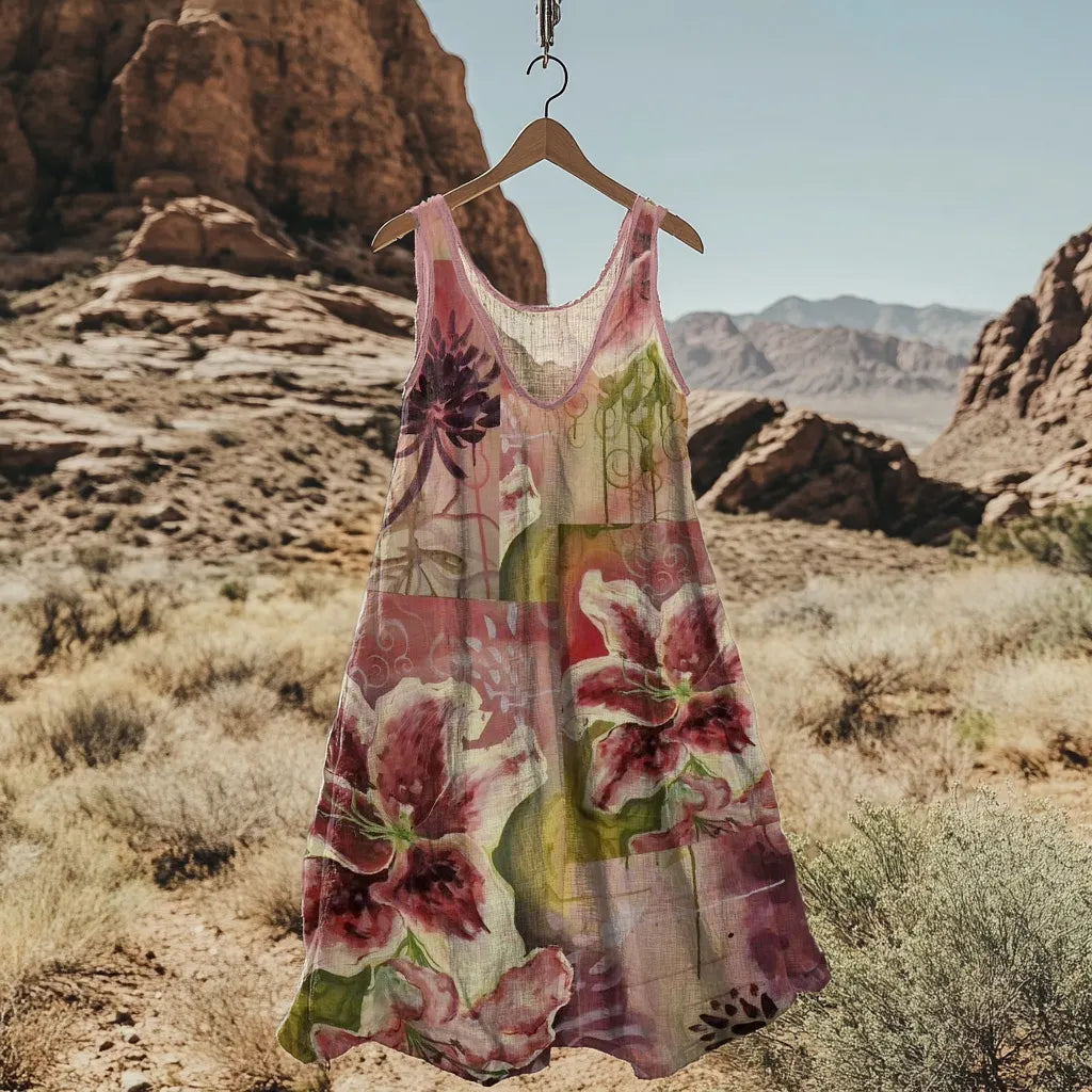 Vestido Regata em Linho Misto Estampa Floral Abstrata d383