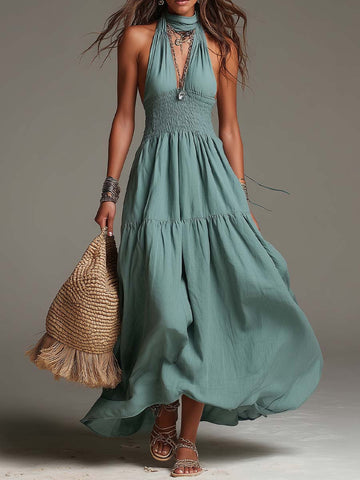 Robe longue bohémienne à smocks étagés en coton et lin avec dos nu