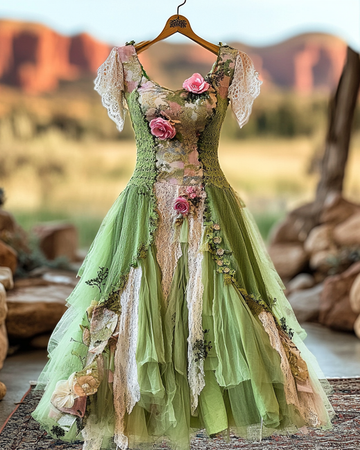 Vestido de Verão Vintage Irregular com Renda Patchwork c3c4