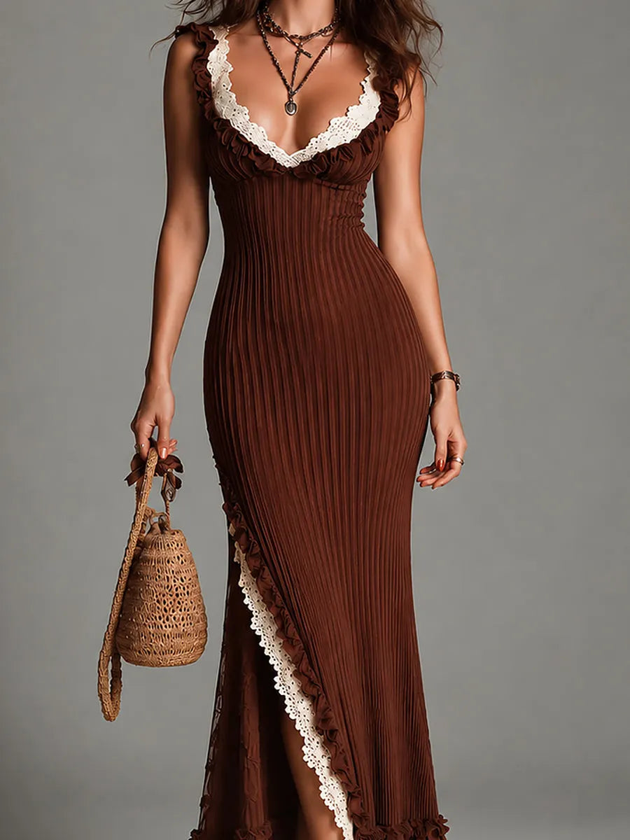 Elegant Lace Trim Ribbed Maxi Dress With High Slit