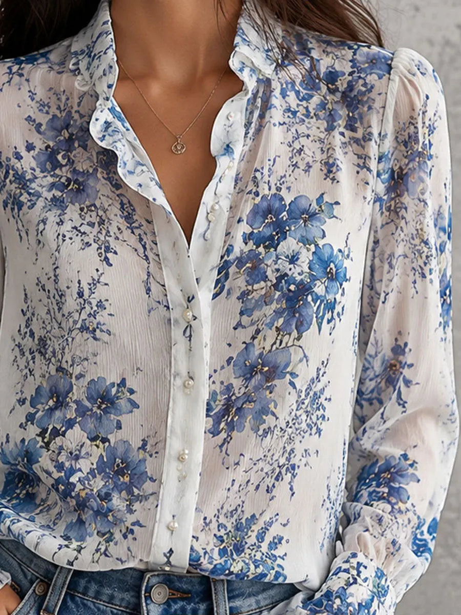Boho Blue Floral Crinkle Chiffon Ruffle Collar Blouse
