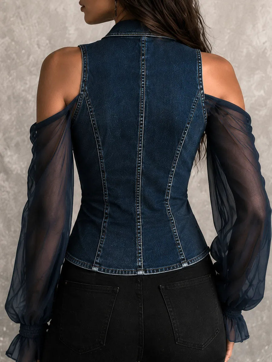 Chemisier portefeuille à épaules dénudées et manches transparentes en denim western