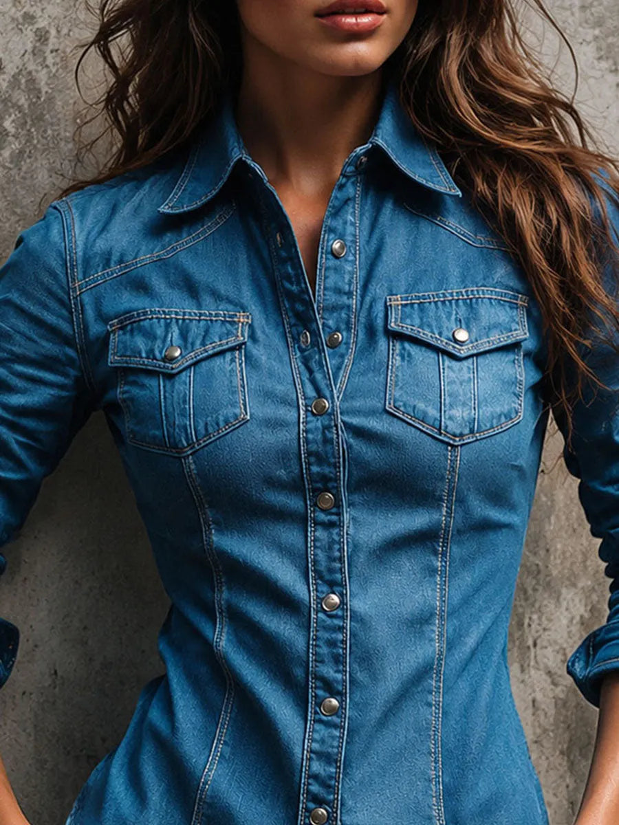 Chemise cintrée en jean délavé bleu moyen western surpiqûres contrastées