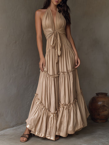 Vestido Longo Frente Única com Amarrações Boho Golden Sand