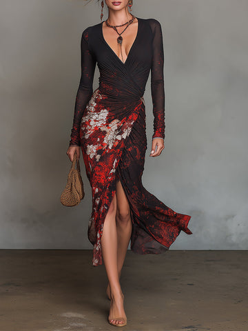 Vestido Midi Envelope de Manga Comprida em Malha Estampada Elegante