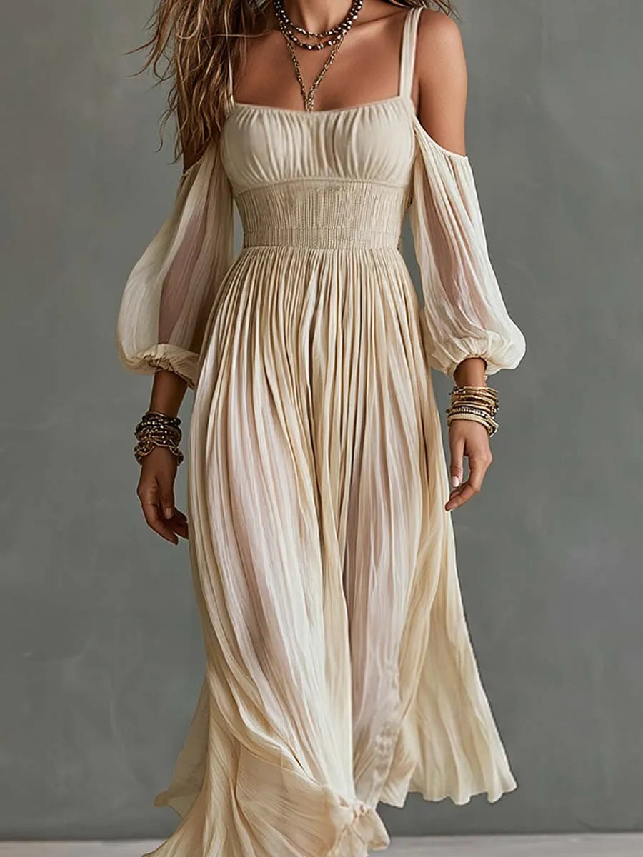 Robe midi bohème plissée, épaules dénudées et taille smockée