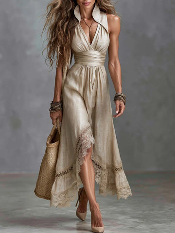 Vestido Midi Boho com Decote V Profundo e Barra de Renda, Gola Halter e Linho