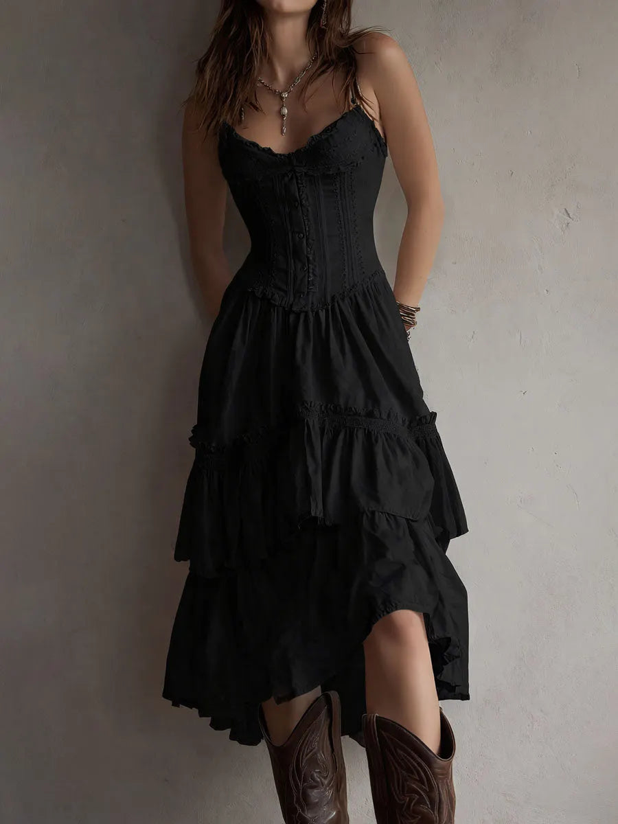 Robe midi étagée corset blanche de style bohème rétro avec bordure en dentelle