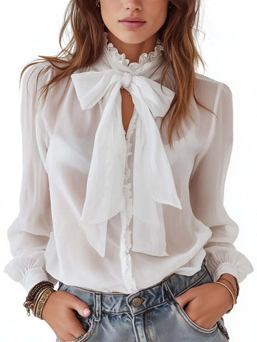 Blusa Elegante Vintage com Gola de Babados, Laço Grande, Gota e Mangas Bufantes