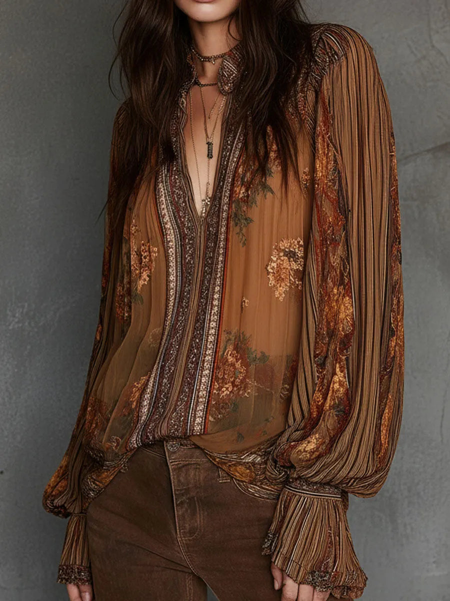 Camicetta floreale trasparente vintage boho con maniche ampie