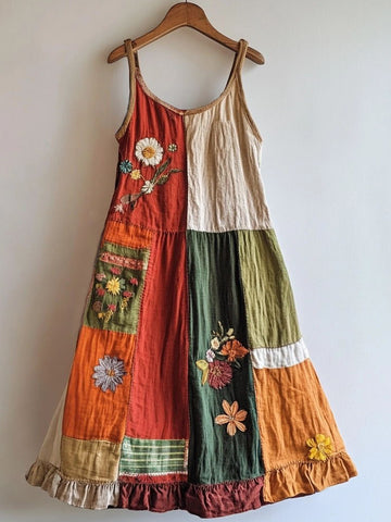 Robe Bohème en Lin Mélangé Brodé de Fleurs avec Patchwork 0d56
